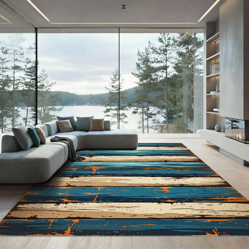 Distressed Coastal Blue and Beige Plank Rug