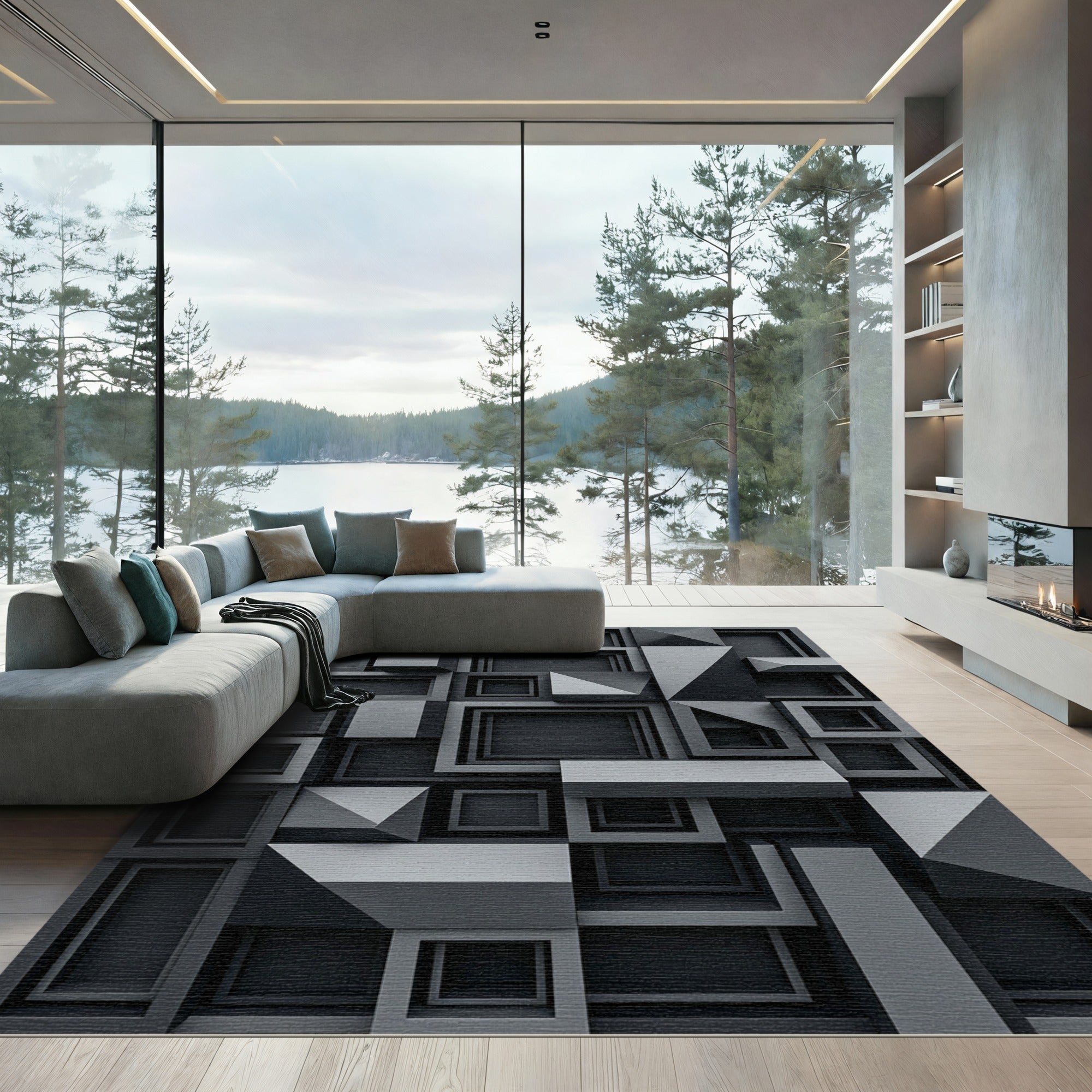 Monochromatic Charcoal Dimensional Geometric Block Rug