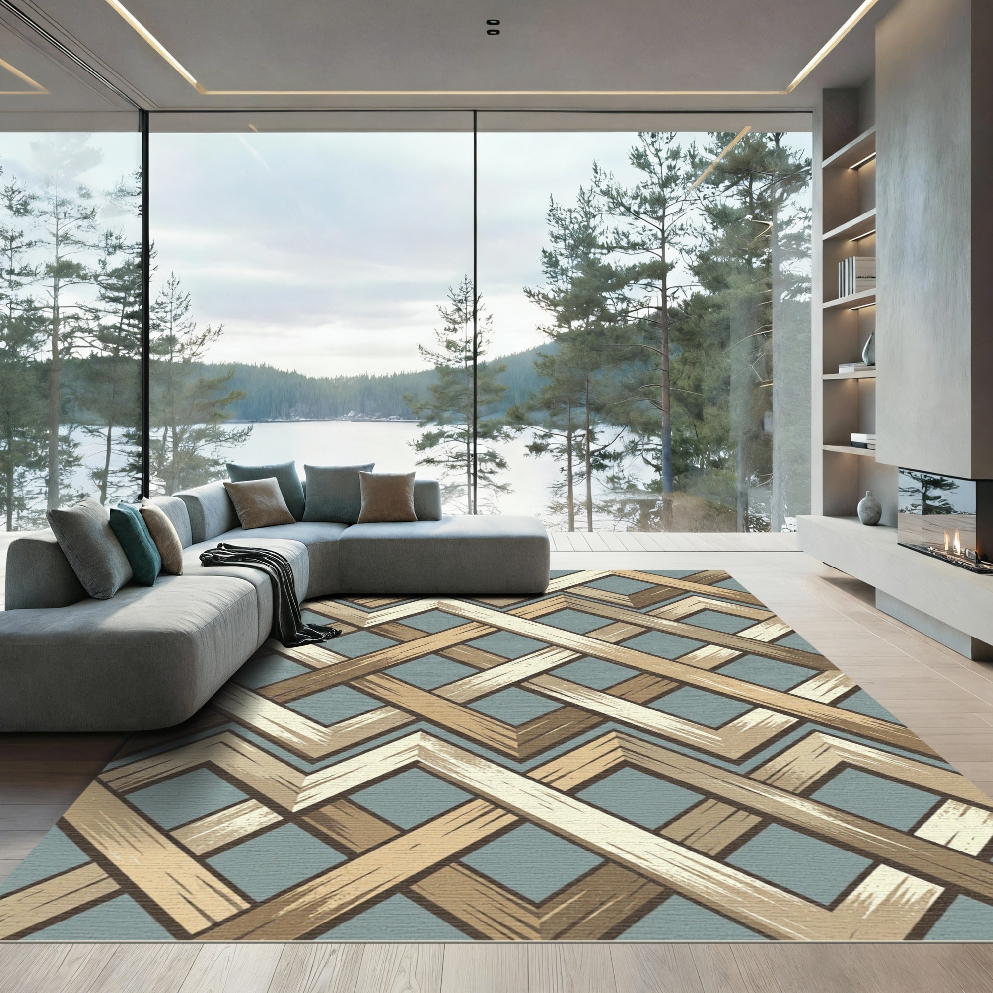 Modern Light Blue Interlocking Wood Chevron Rug