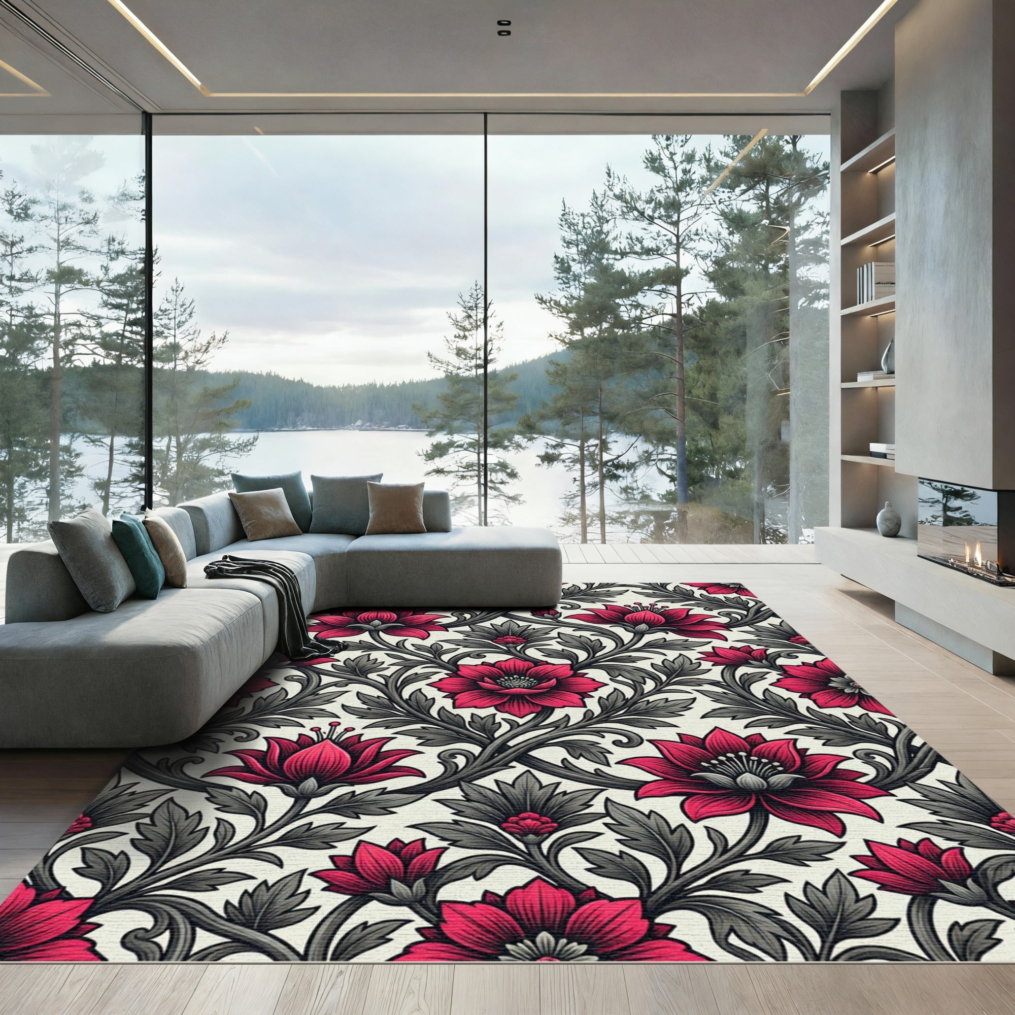 Elegant Crimson Blossom Scroll Weave Rug