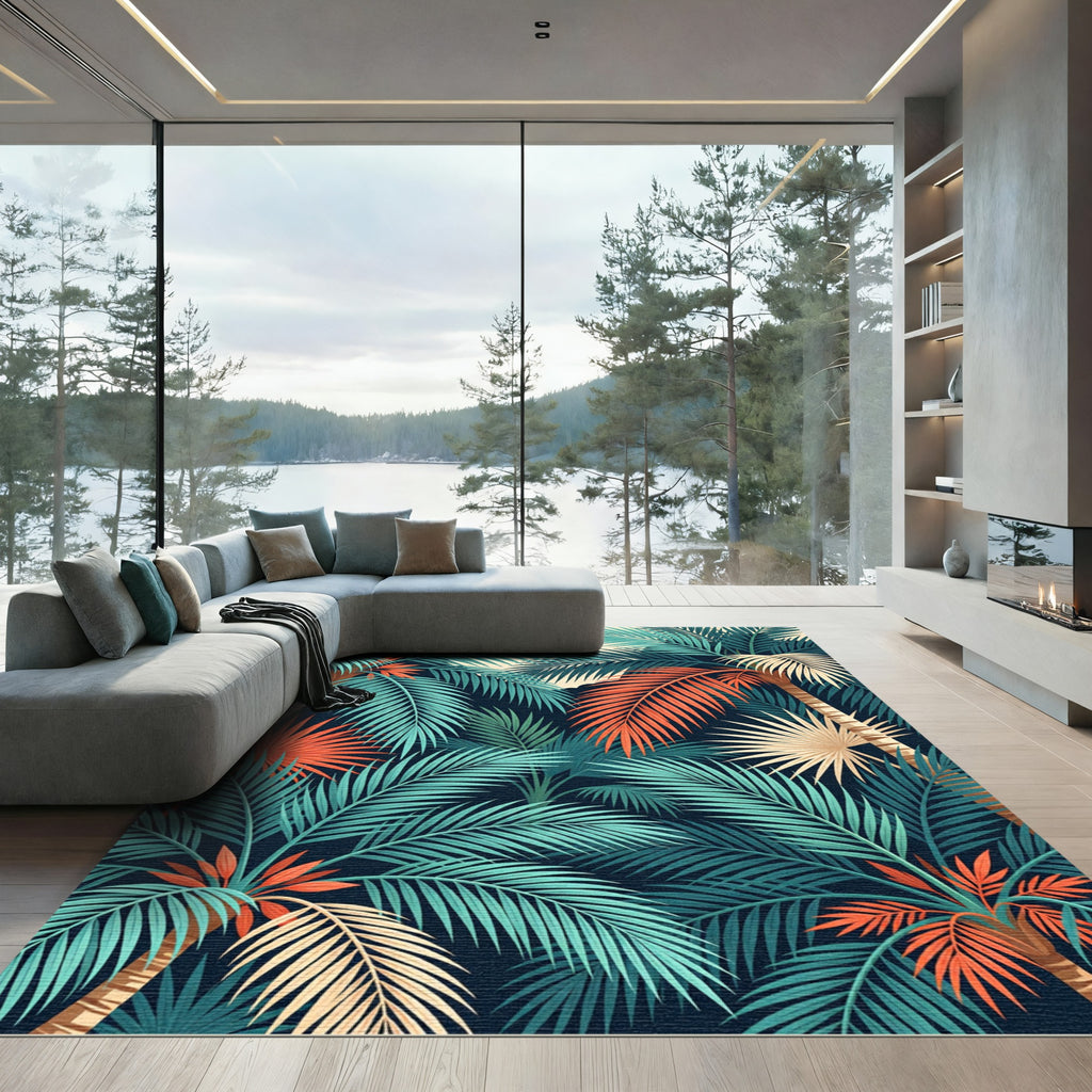 Vibrant Tropical Palm Foliage Illustration Rug
