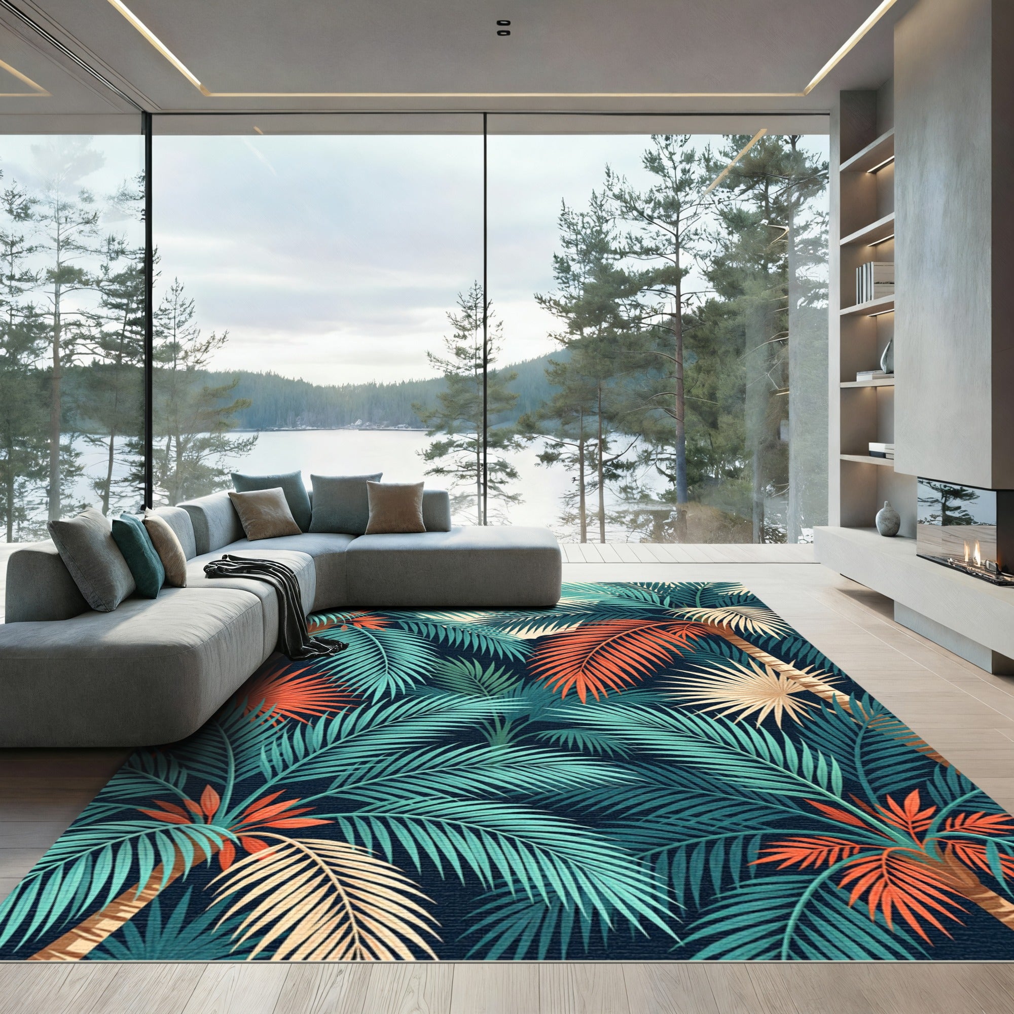 Vibrant Tropical Palm Foliage Illustration Rug