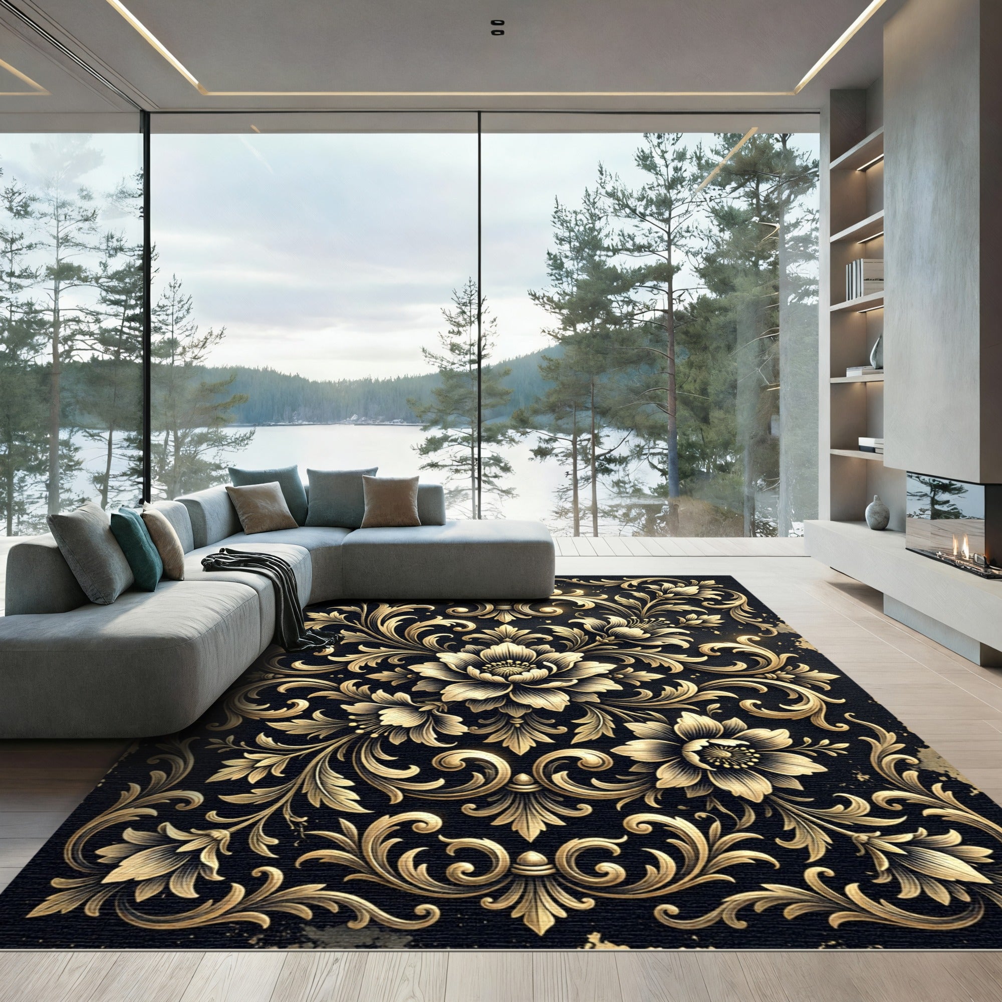 Gilded Black Floral Arabesque Rug