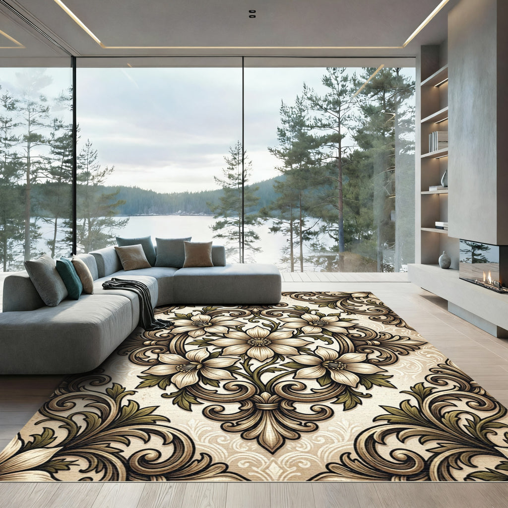 Ornate Cream Floral Scrollwork Rug