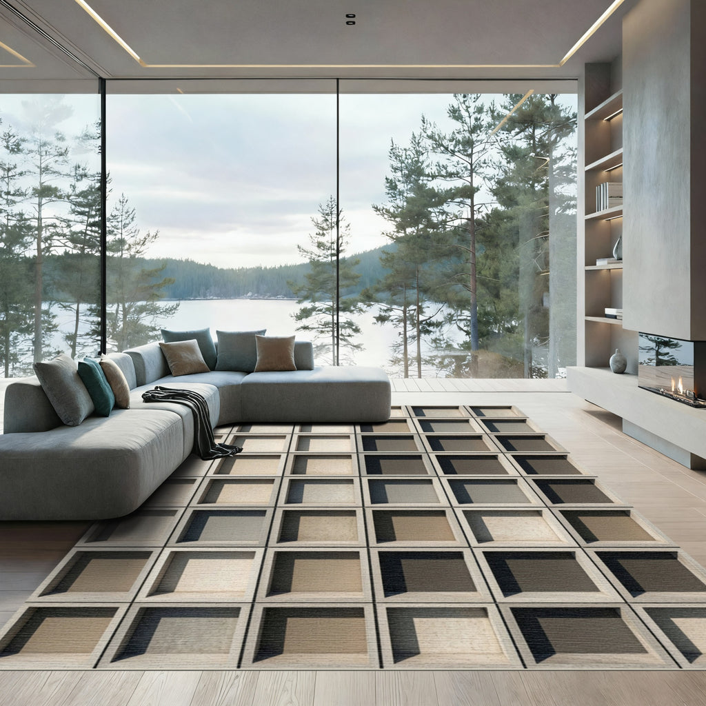 Grayscale Geometric Cubed Framework Contemporary Rug
