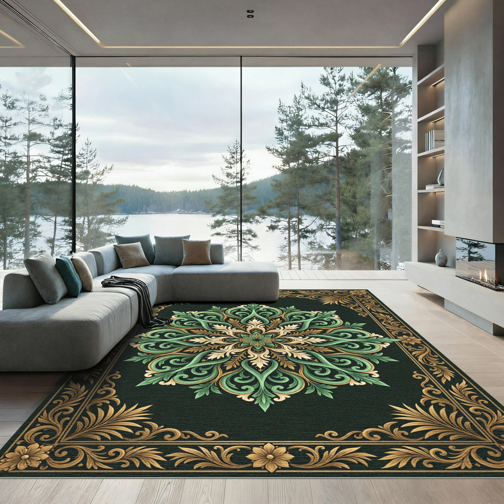 Elegant Green Gold Ornate Medallion Rug