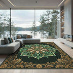 Elegant Green Gold Ornate Medallion Rug