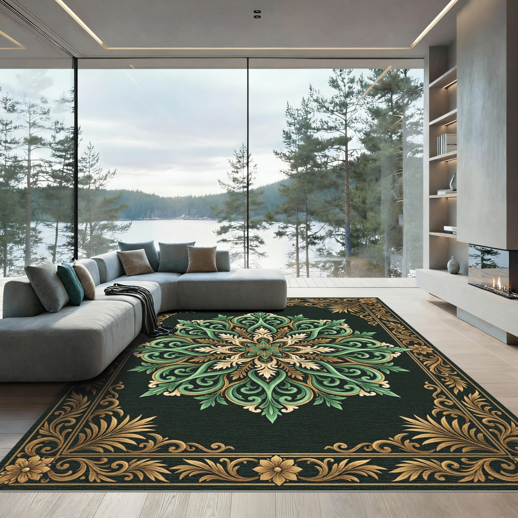 Elegant Green Gold Ornate Medallion Rug