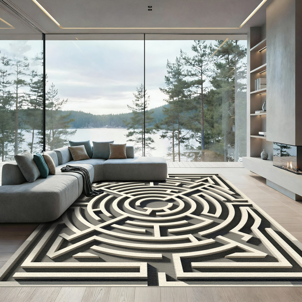 Modern Ivory Geometric Maze Rug