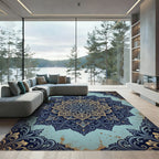 Ornate Navy Golden Floral Damask Art Rug
