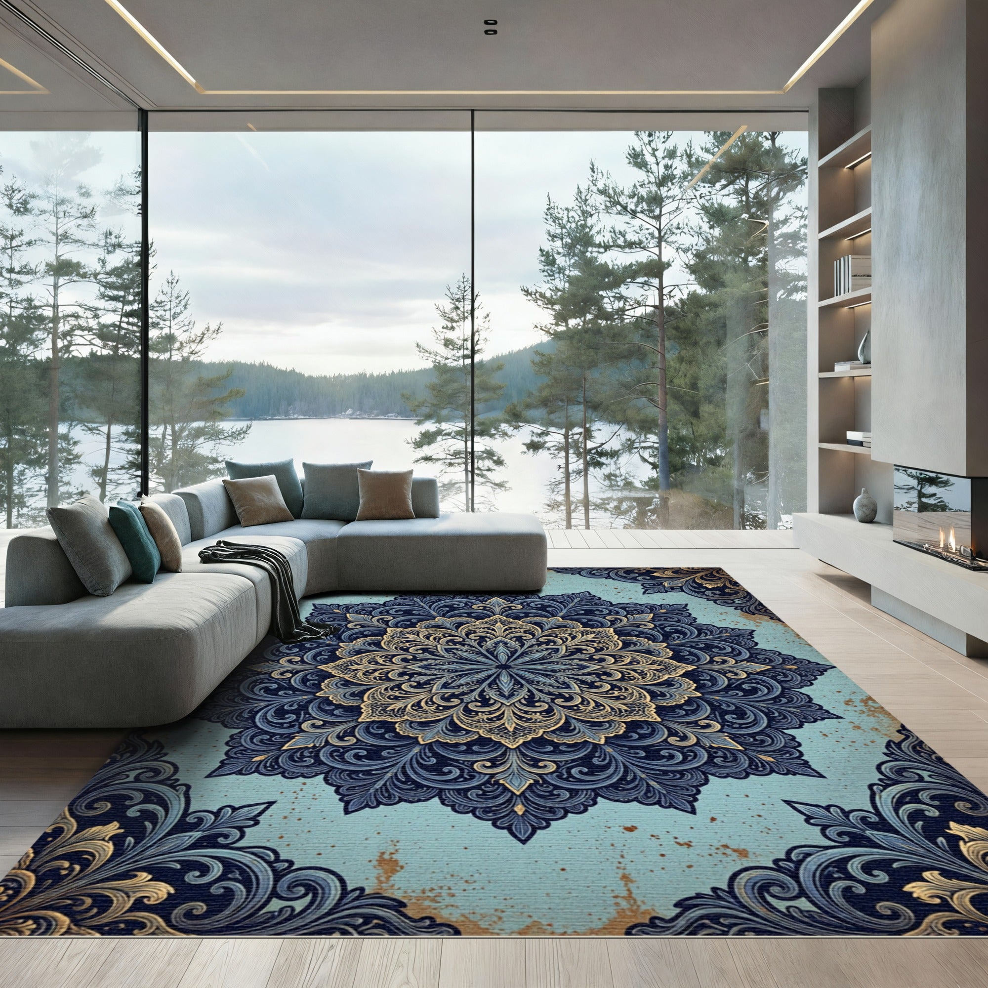 Ornate Navy Golden Floral Damask Art Rug