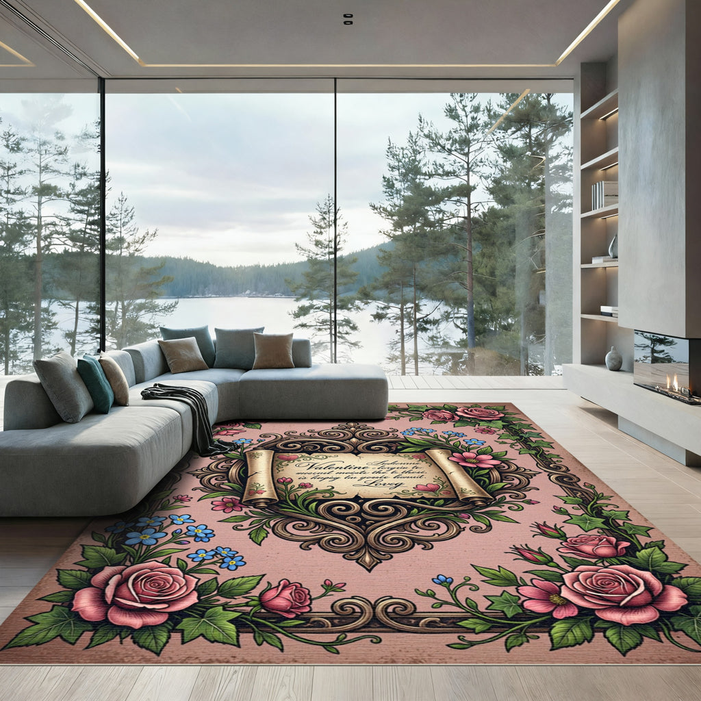 Vintage Rose Floral Scroll Ornament Rug