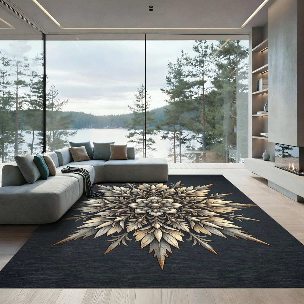 Elegant Gold Ivory Filigree Medallion Rug