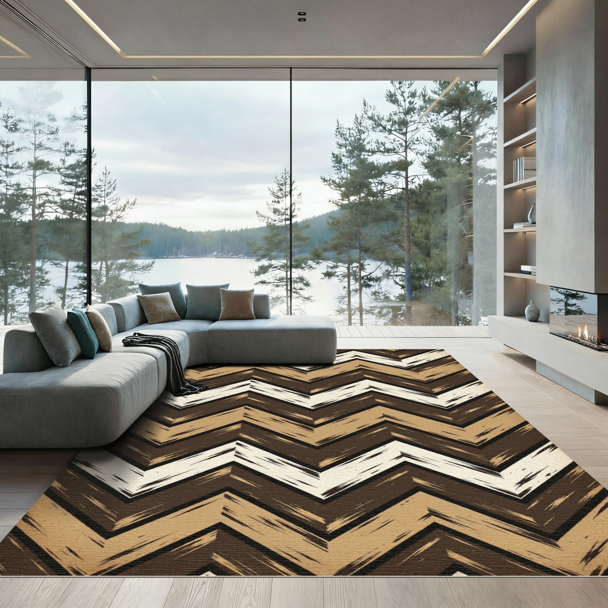 Brown Beige Chevron Brushstroke Rug