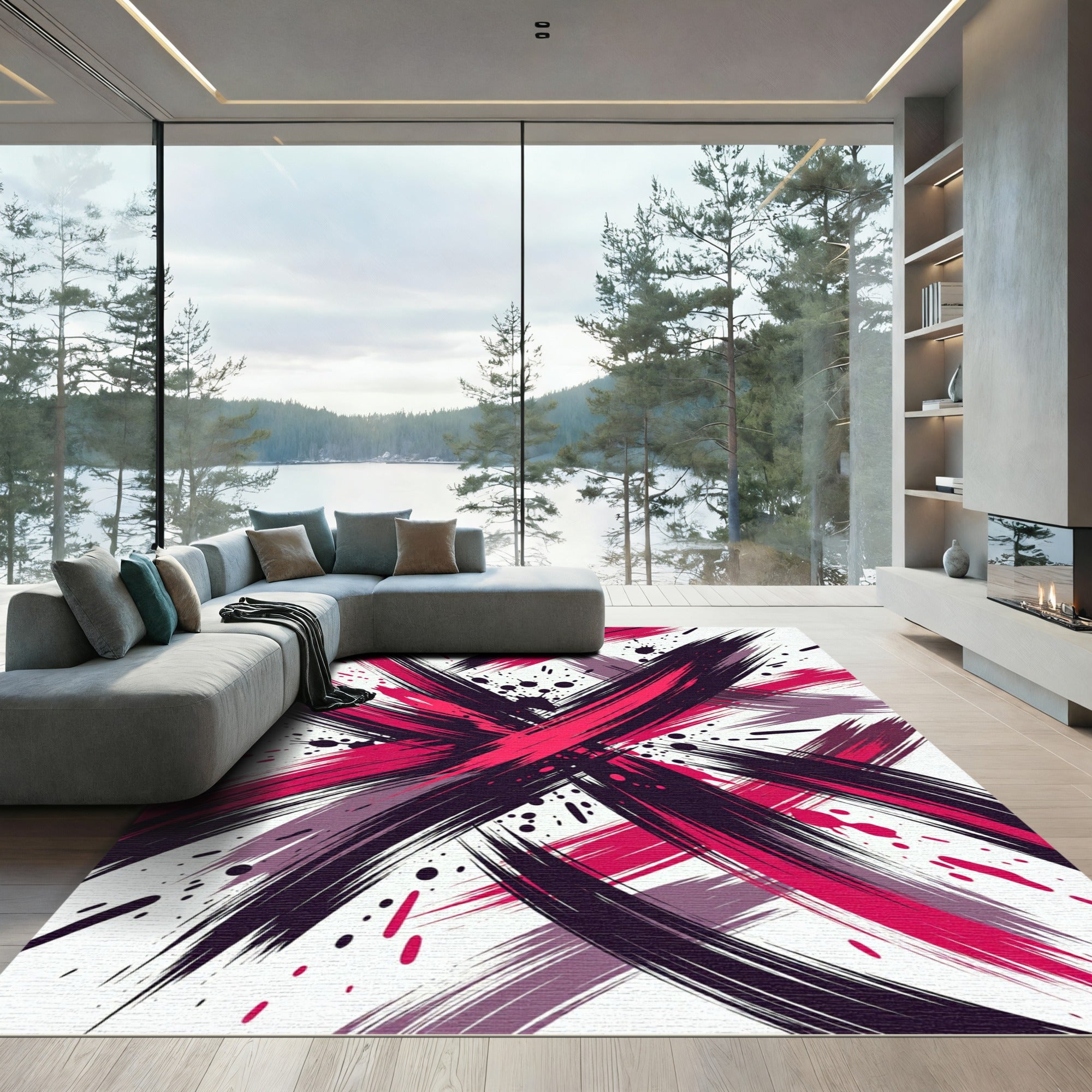 Bold Abstract Carmine Black Ink Brushstrokes Rug