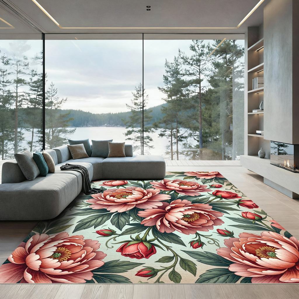 Elegant Pink Peony Botanical Arrangement Rug