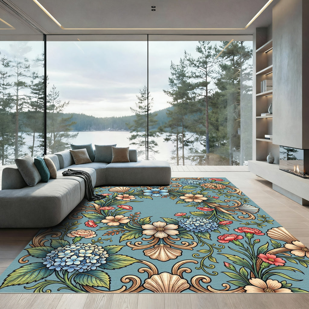 Elegant Floral Shell Scrollwork Blue Rug
