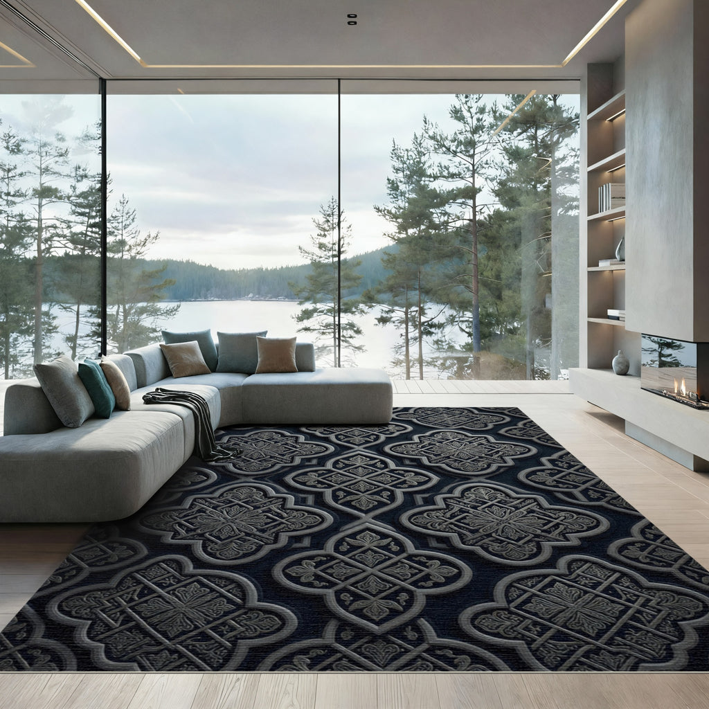 Ornate Quatrefoil Dark Blue Rug