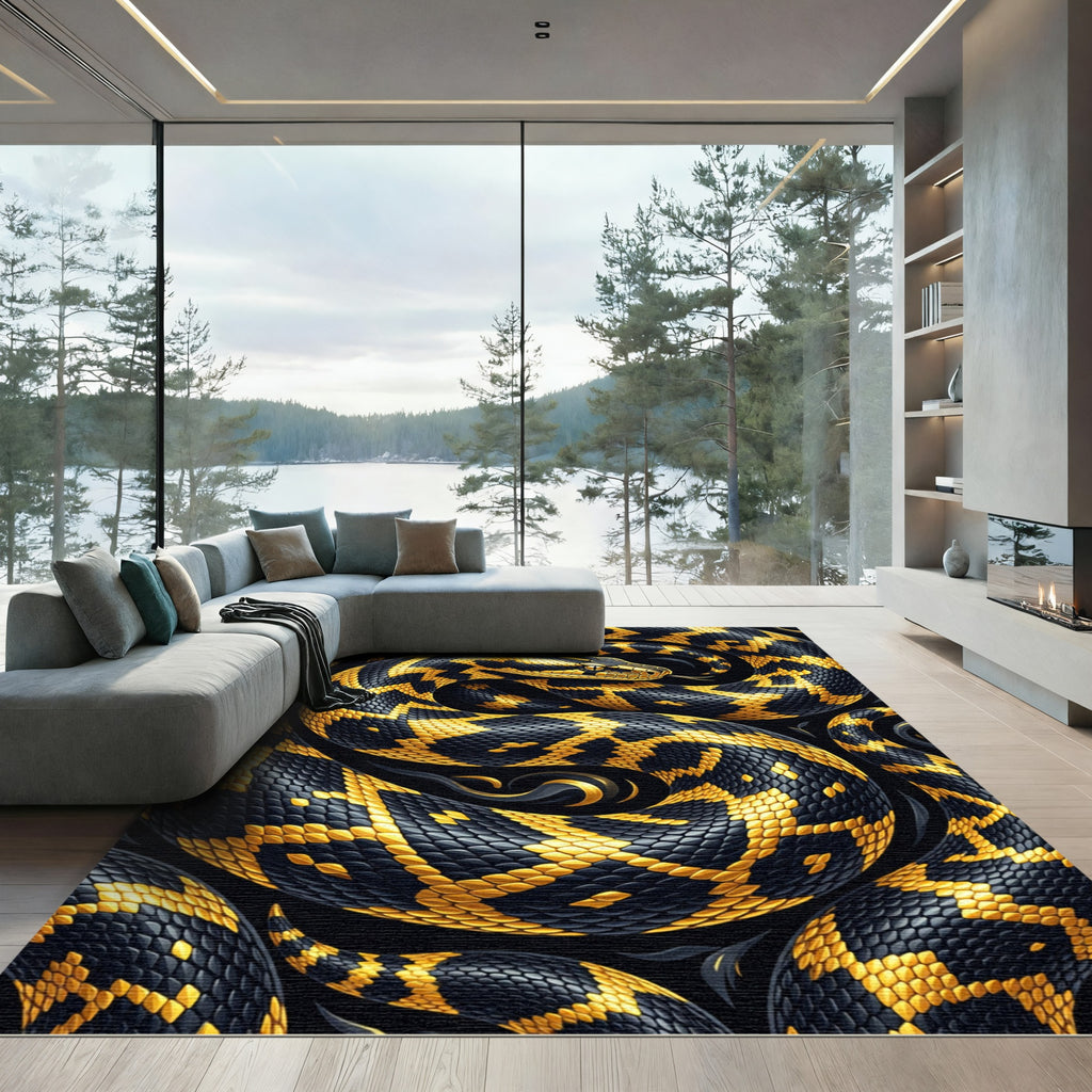 Golden Black Serpentine Abstract Coil Rug