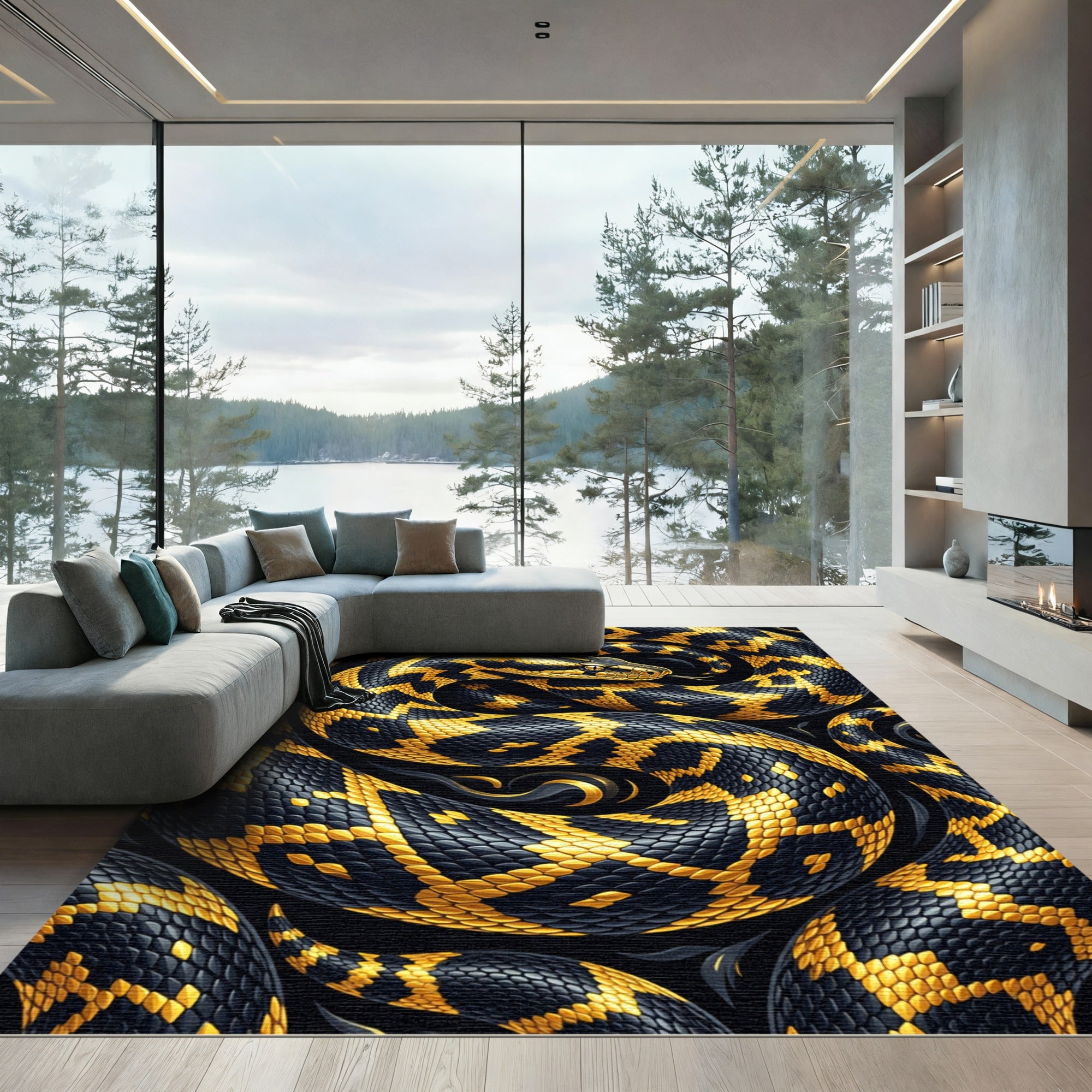 Golden Black Serpentine Abstract Coil Rug