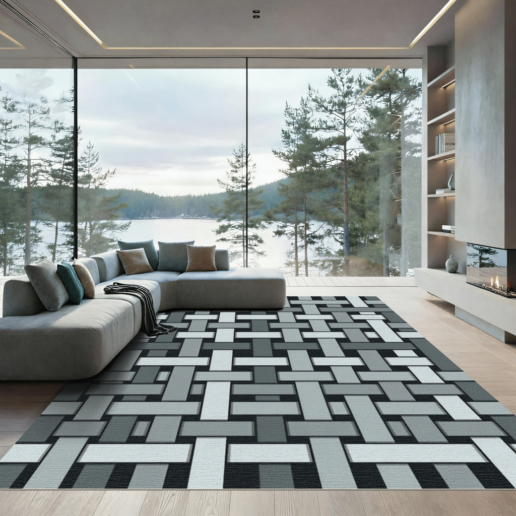 Gray Neutral Woven Interlocking Bands Rug
