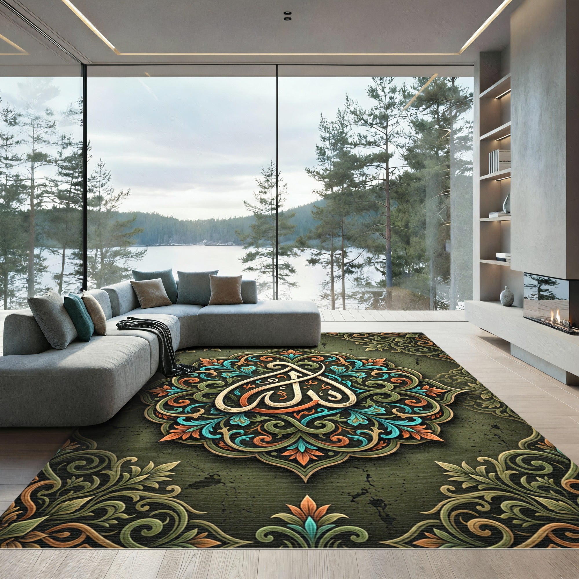 Green Ornate Medallion Arabic Calligraphy Rug