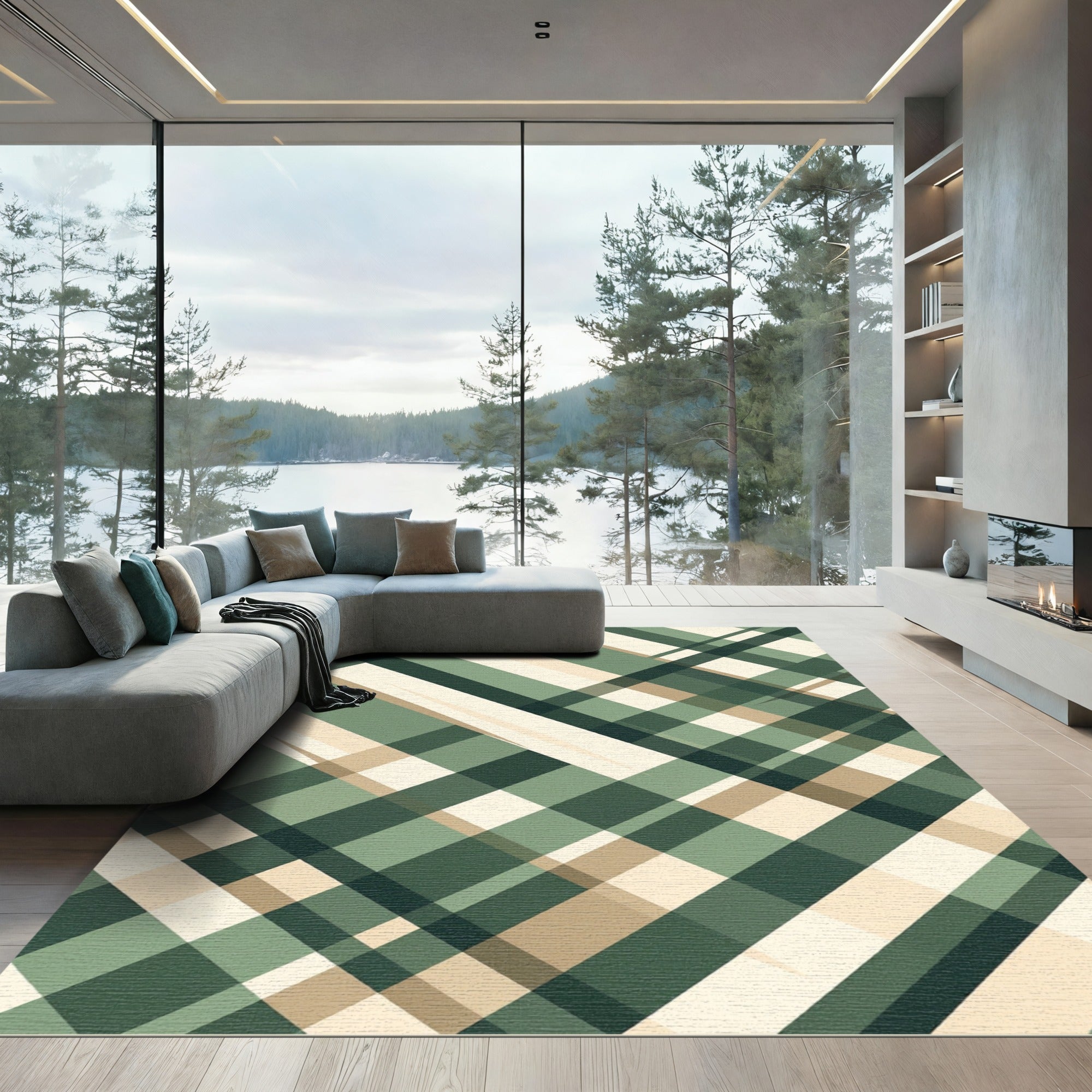 Sage and Cream Diagonal Plaid Rug