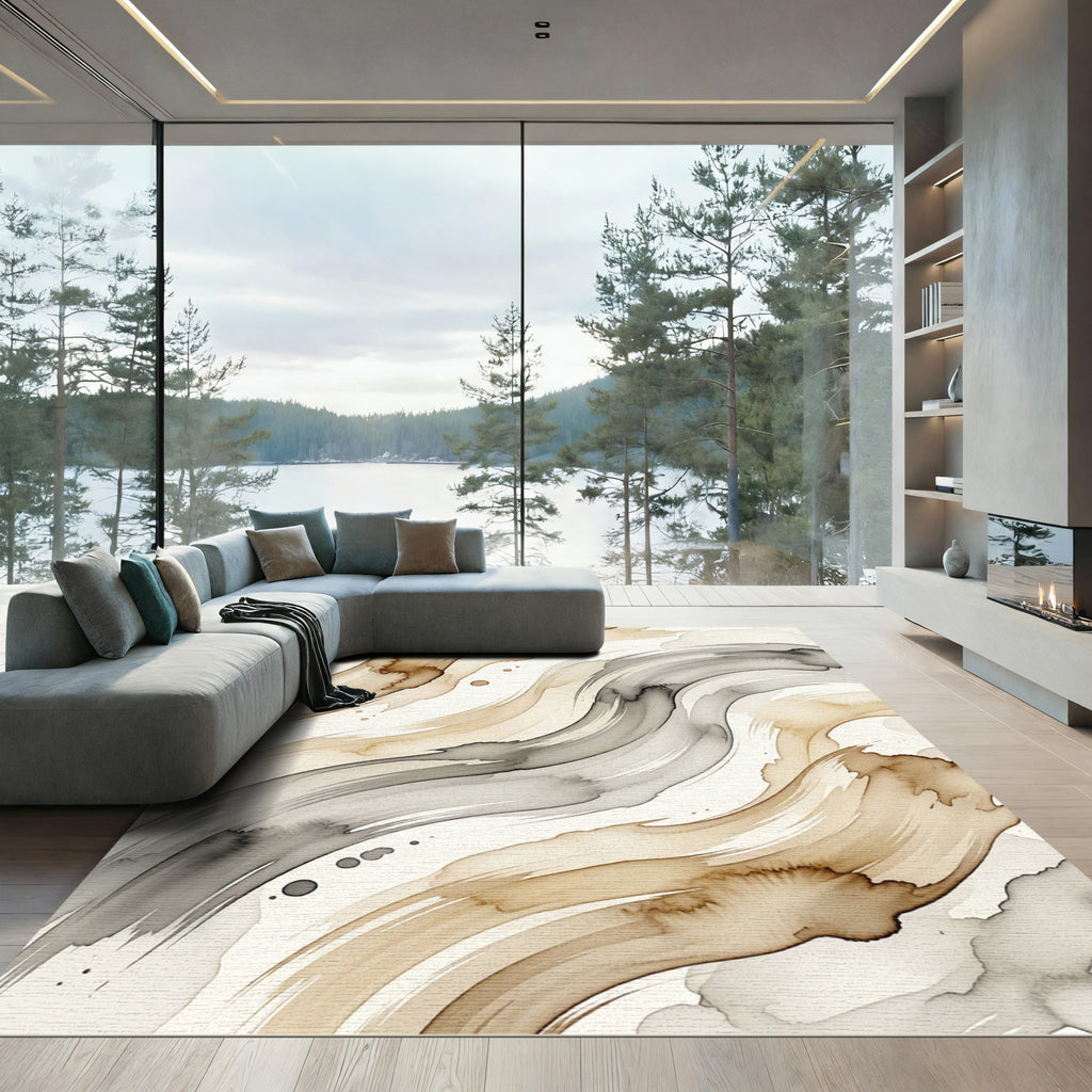 Earthy Taupe and Charcoal Abstract Swirl Rug
