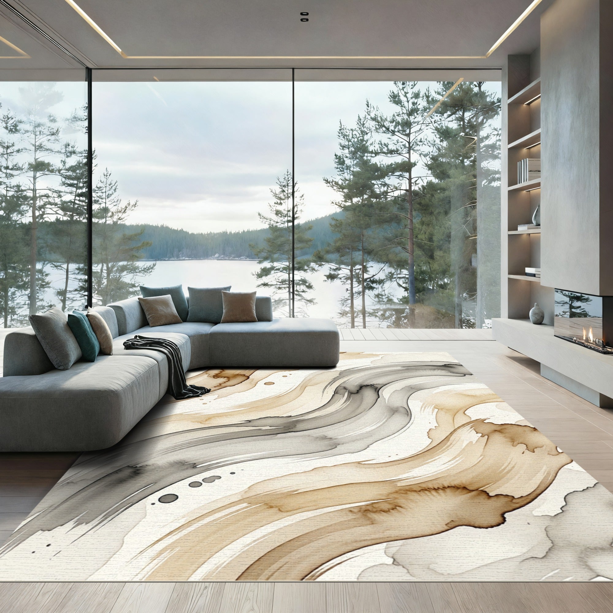 Earthy Taupe and Charcoal Abstract Swirl Rug