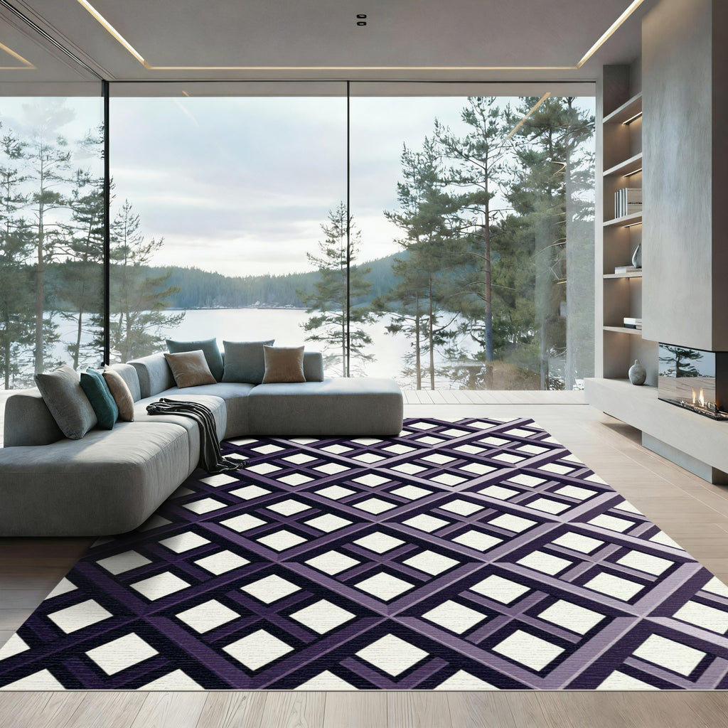 Geometric Dark Purple Lattice Grid Rug