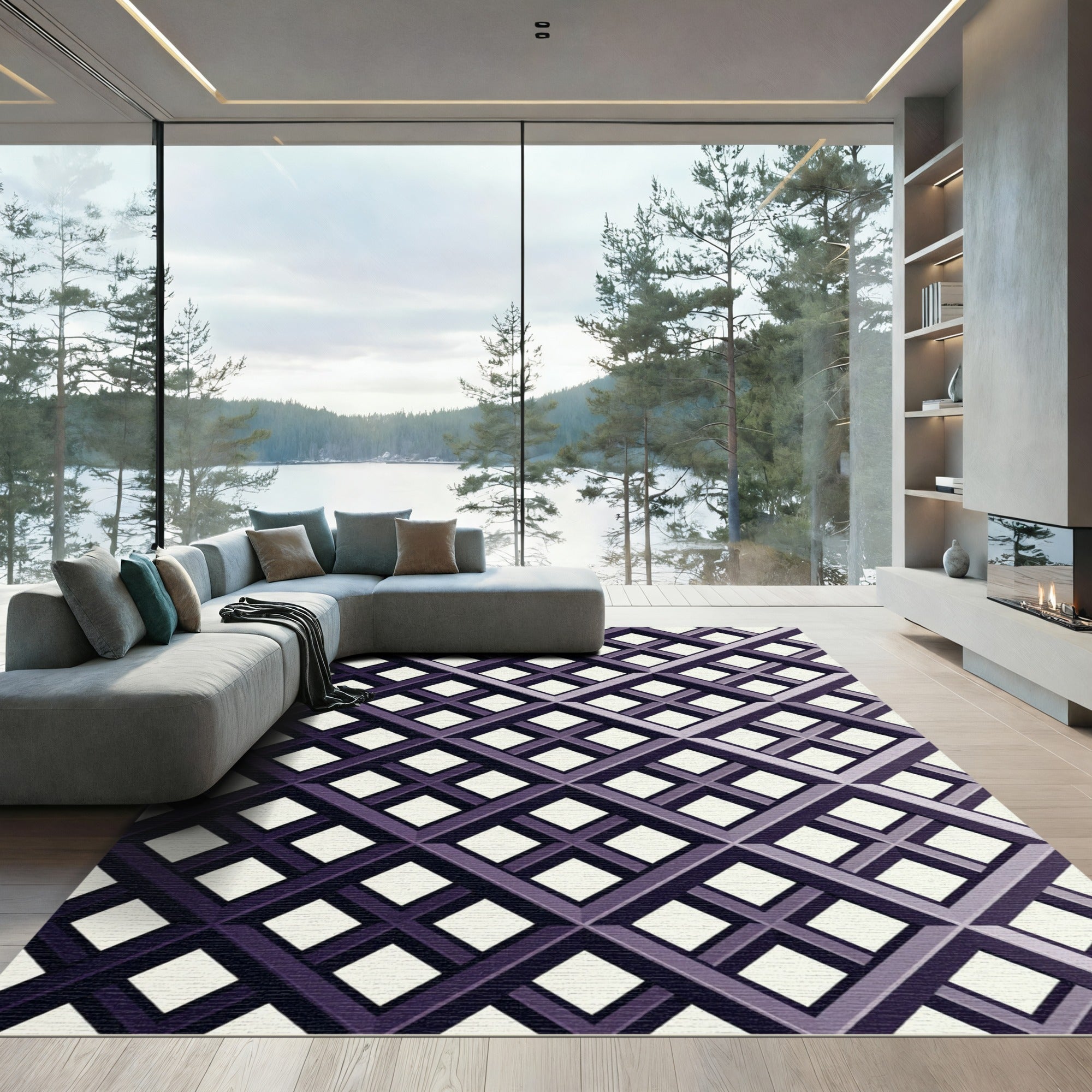 Geometric Dark Purple Lattice Grid Rug