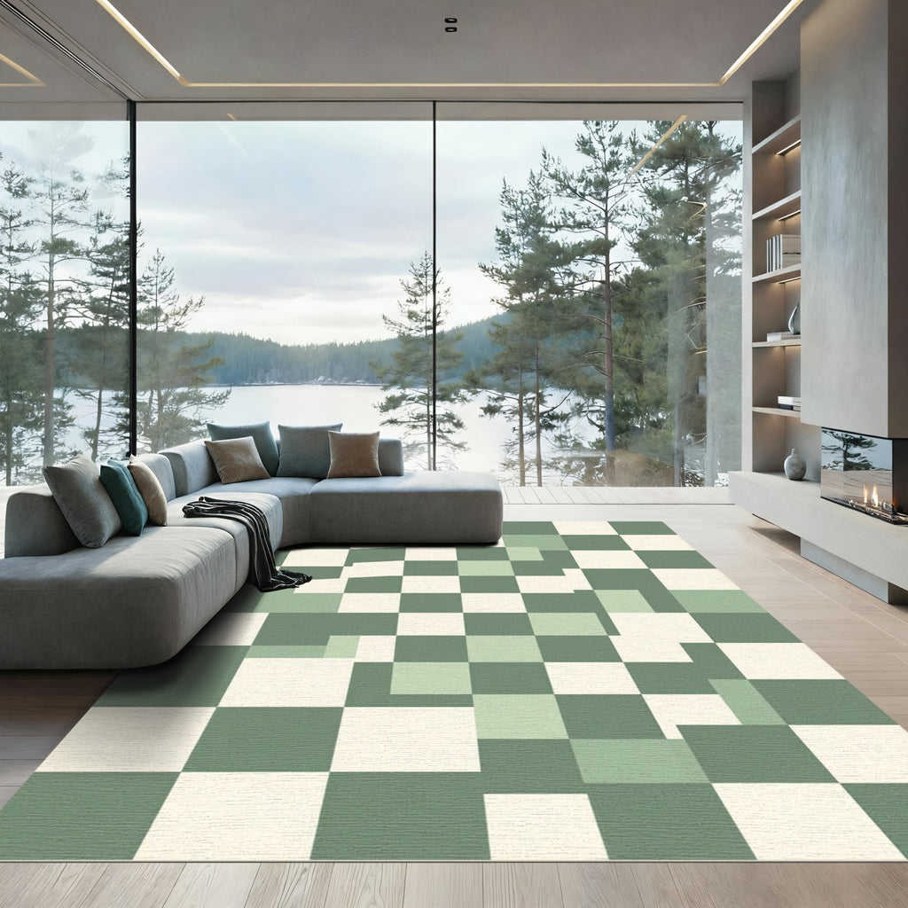Sage Green Geometric Pixelated Checkered Grid Rug