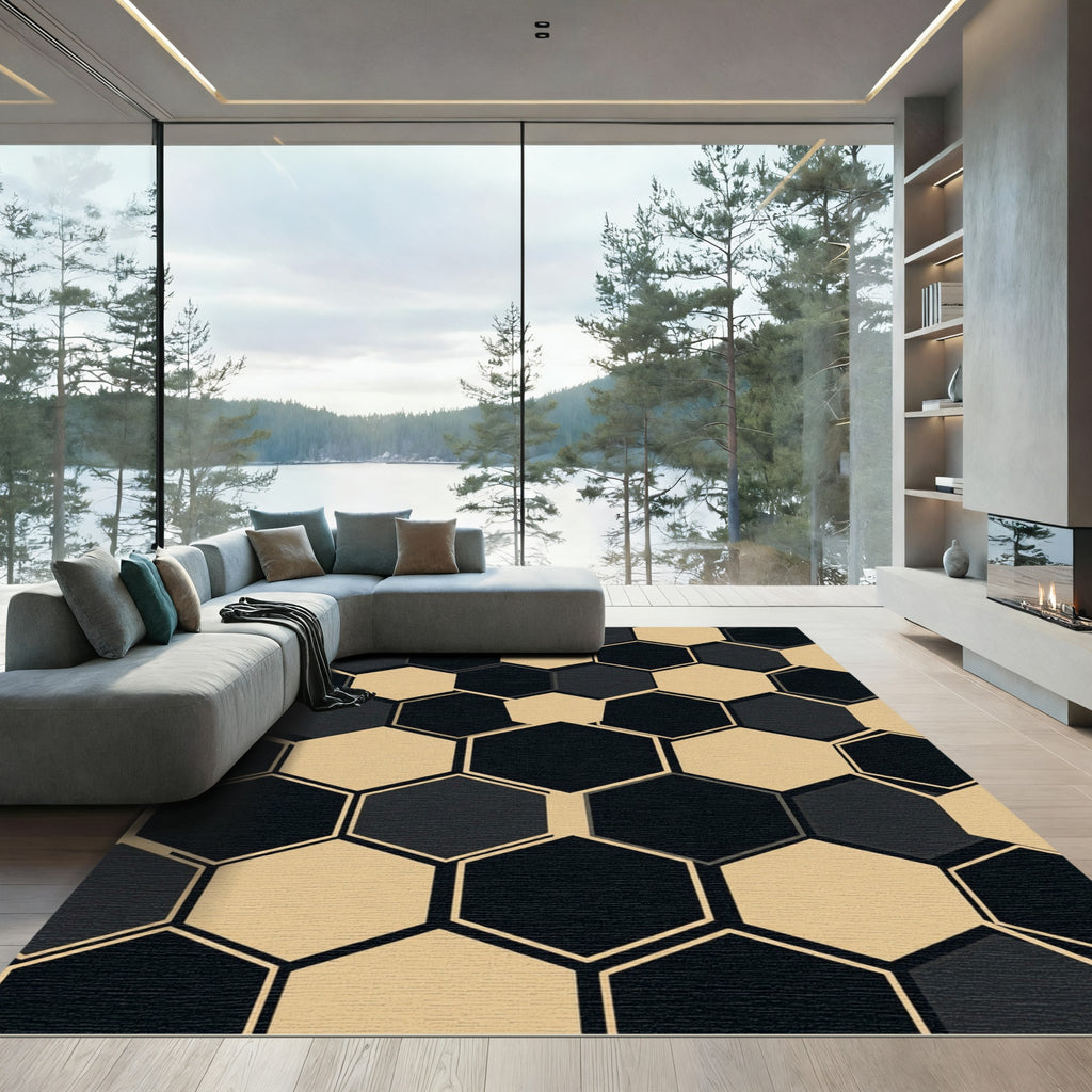 Modern Minimalist Black and Beige Hexagon Rug