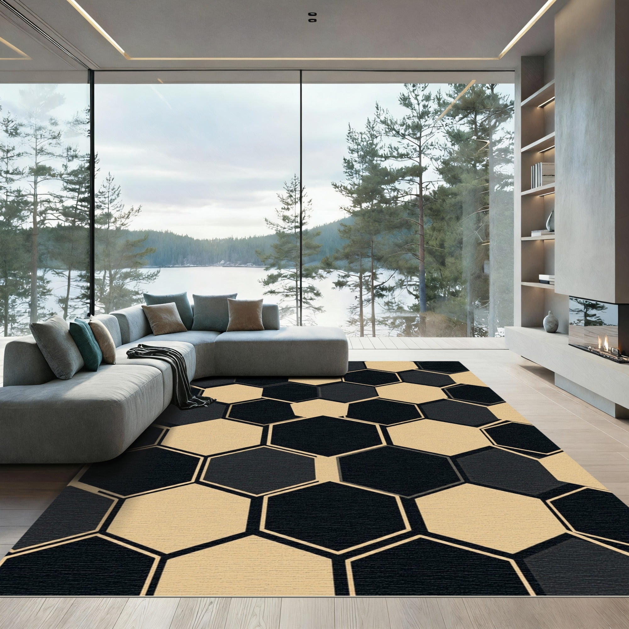 Modern Minimalist Black and Beige Hexagon Rug