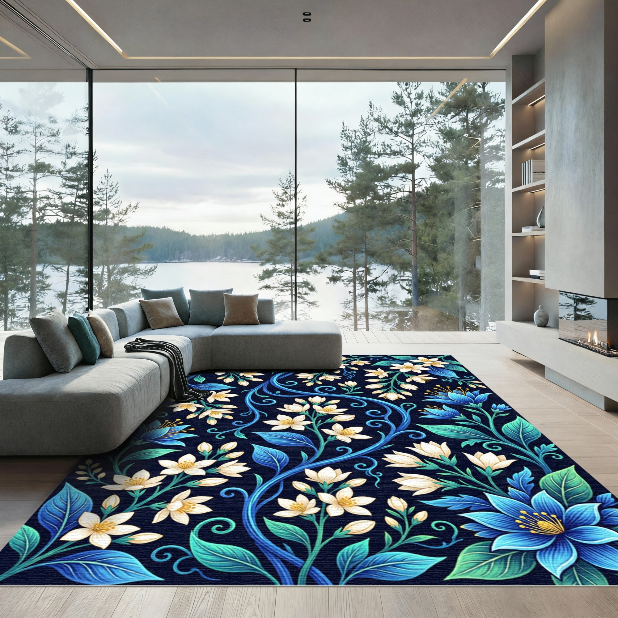 Elegant Blue Floral Swirl Botanical Rug