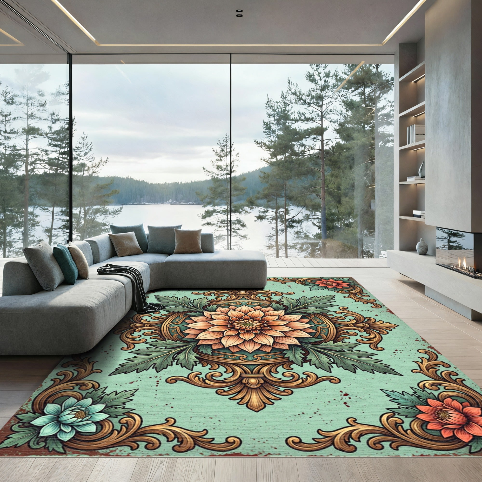 Golden Floral Medallion Aquamarine Rug