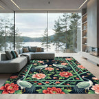 Chinoiserie Crane Peony Bamboo Lattice Dark Rug