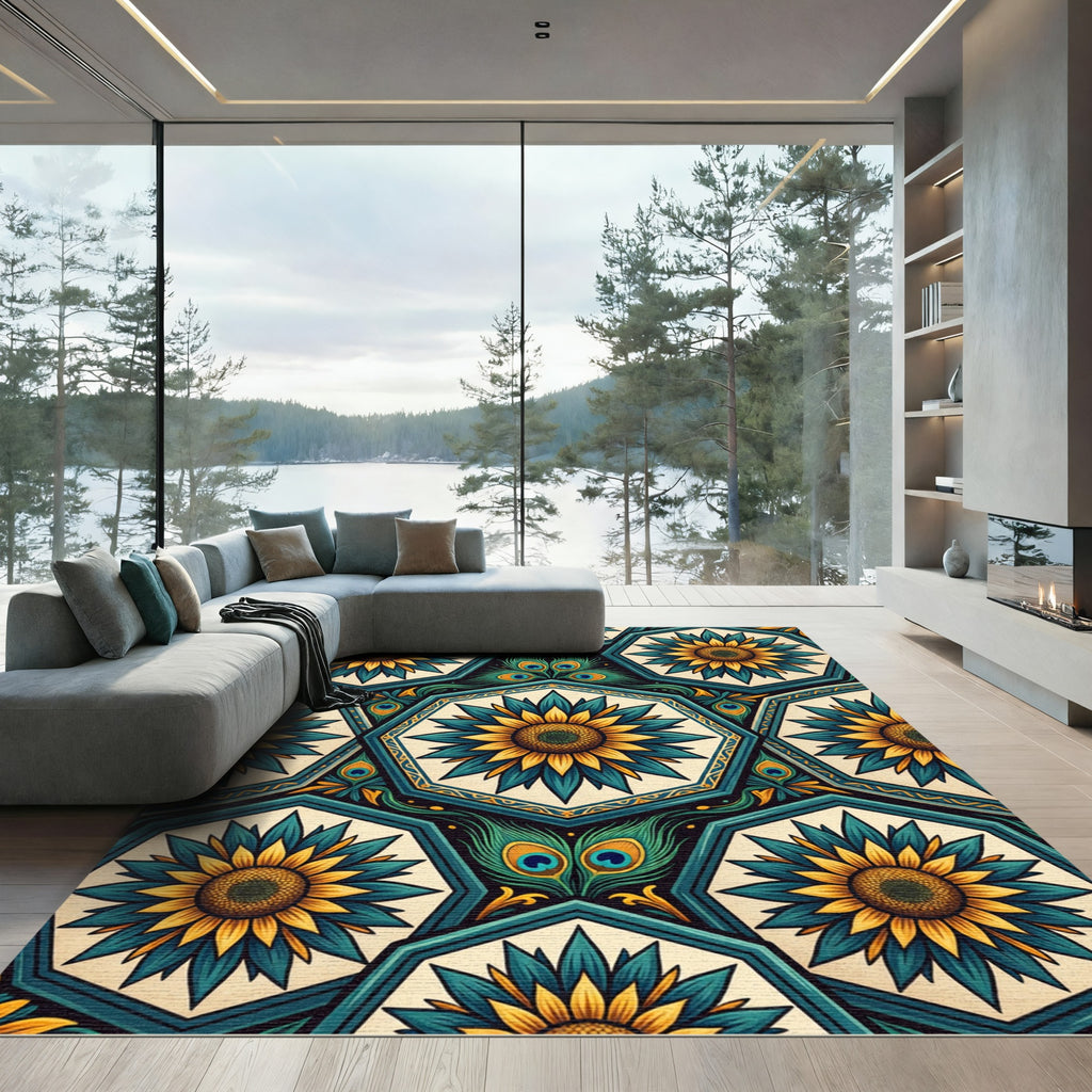 Teal Gold Sunflower Peacock Medallion Rug