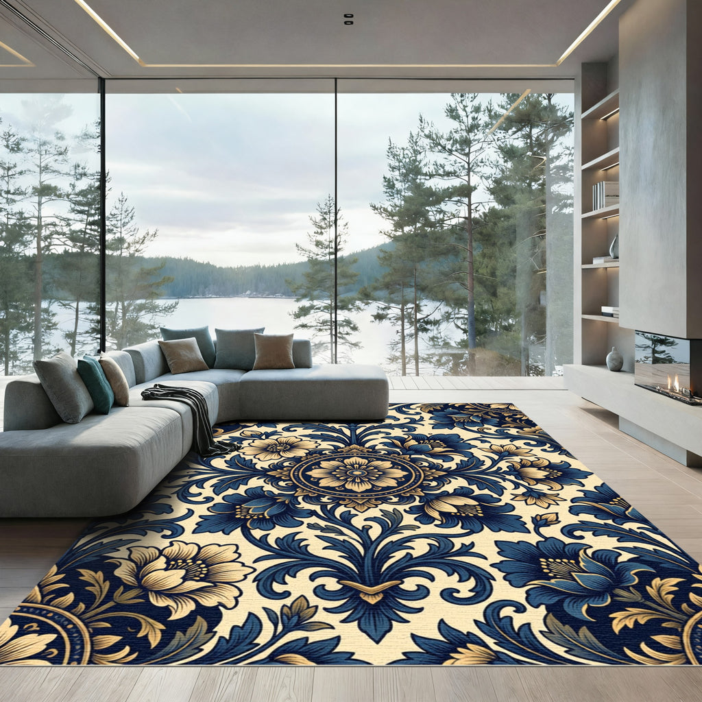 Elegant Blue Gold Floral Damask Rug