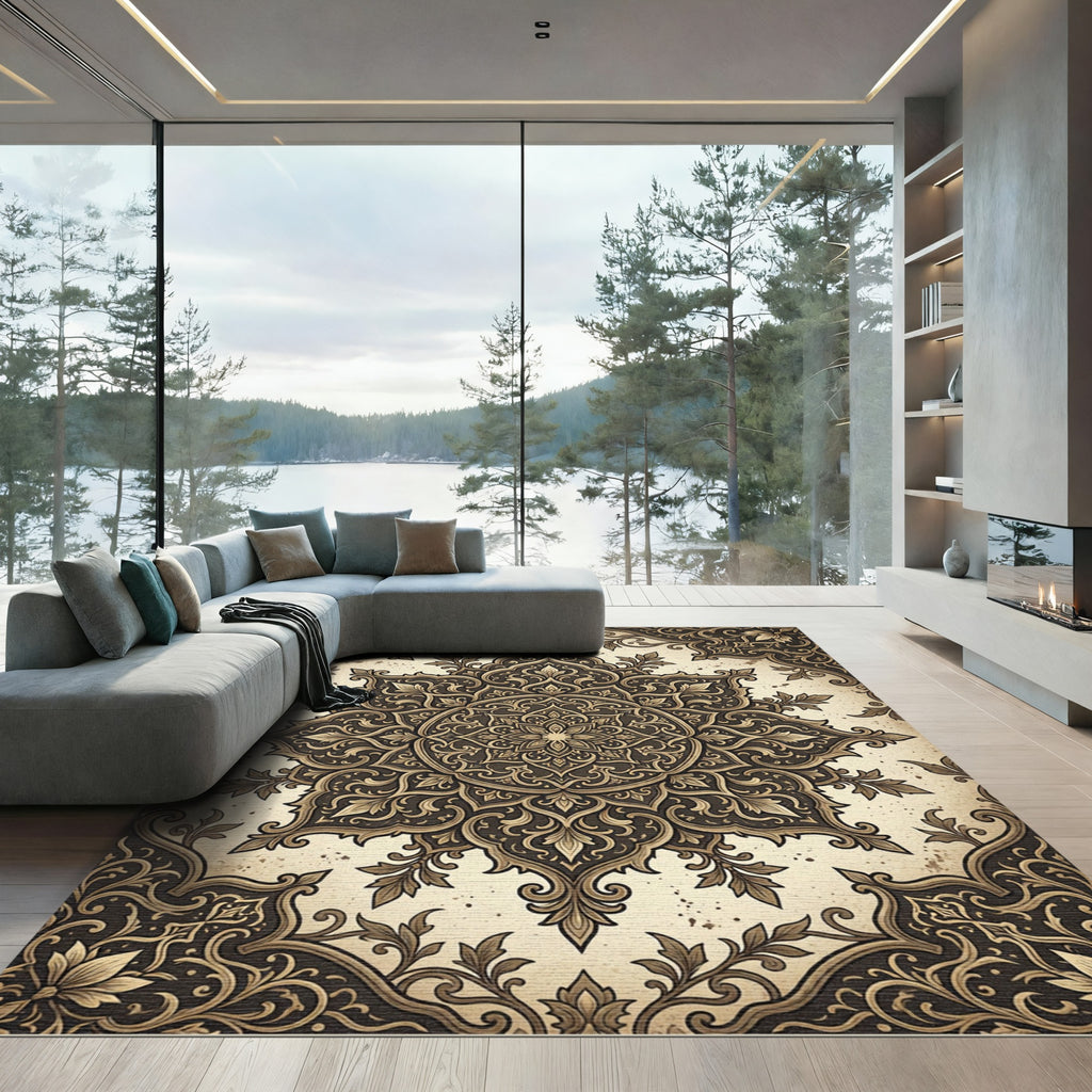 Intricate Bronze Floral Damask Medallion Rug