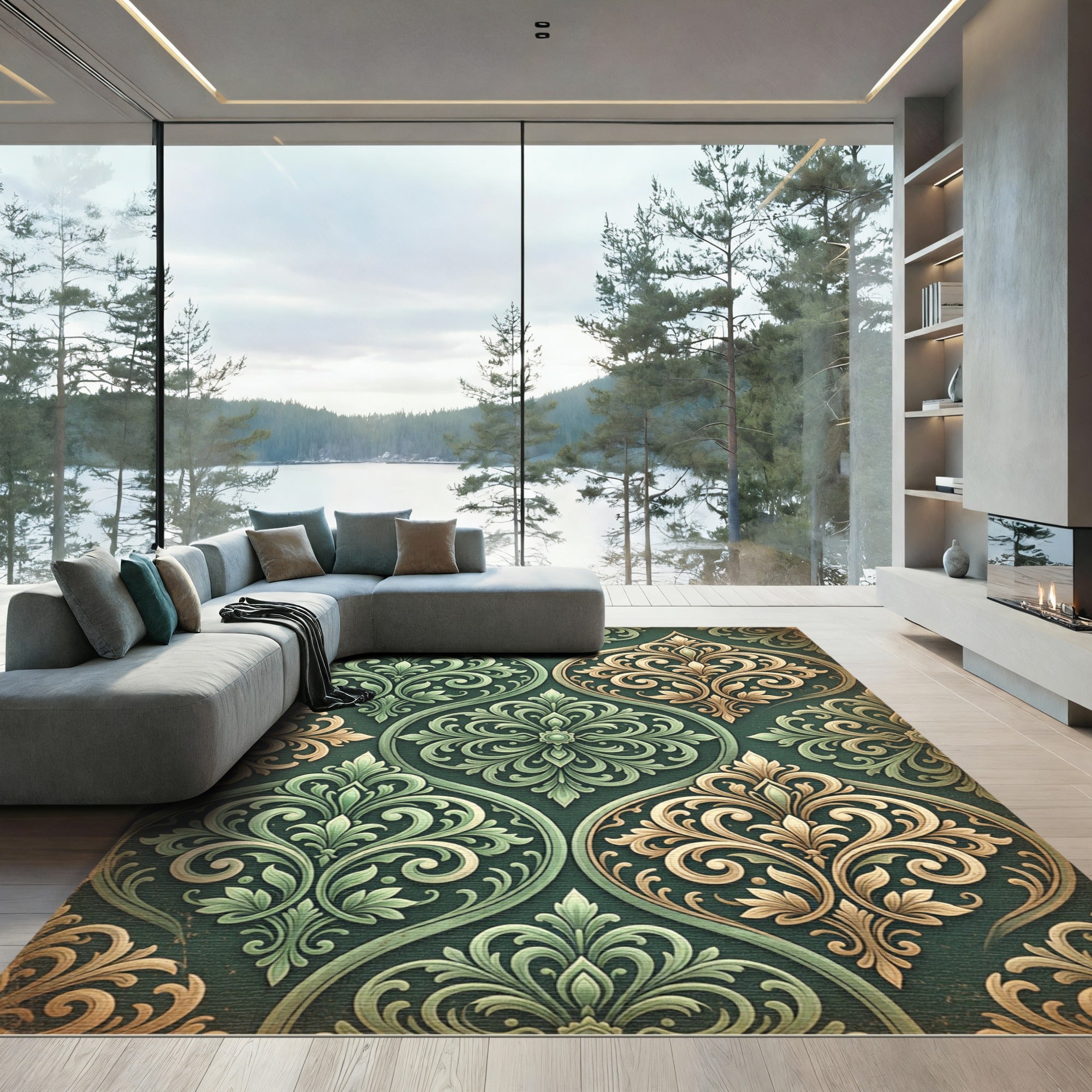 Victorian Gold Green Damask Scrolls Rug