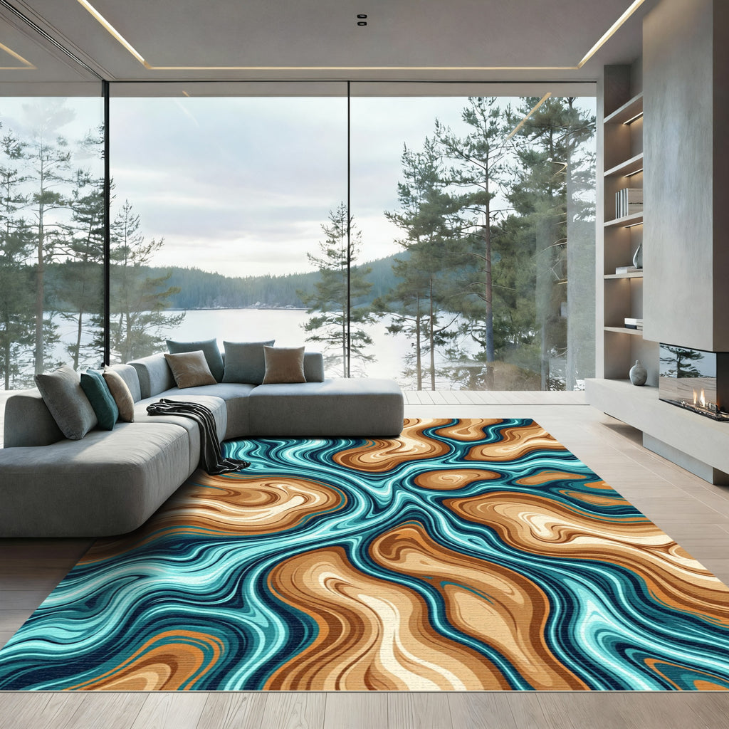 Earthy Brown and Teal Fluid Swirl Rug