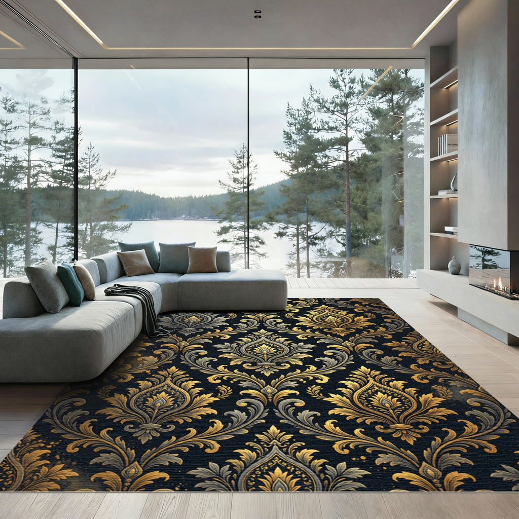 Opulent Gold and Charcoal Damask Scroll Rug