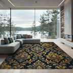 Opulent Gold and Charcoal Damask Scroll Rug