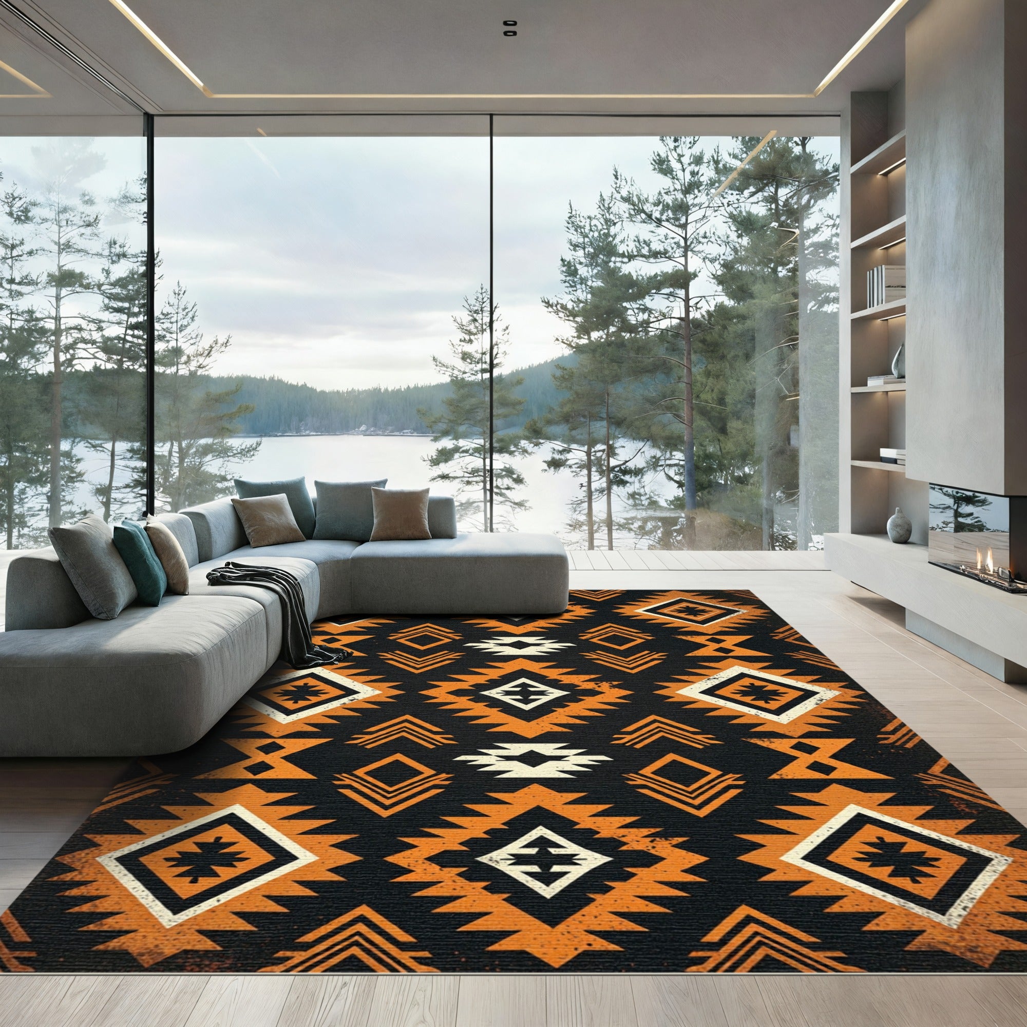Geometric Western Diamond Aztec Rust Black Rug