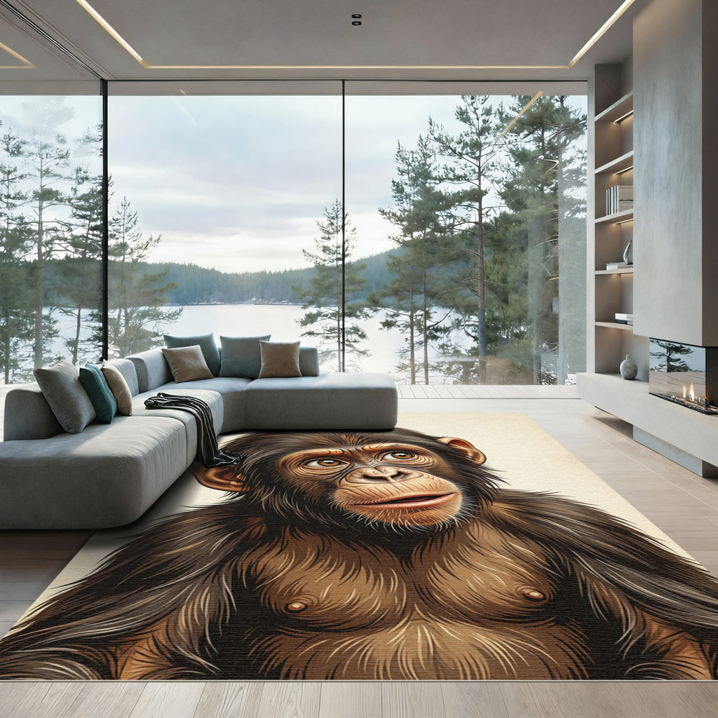 Expressive Chimpanzee Portrait Earth Tone Illustration Rug