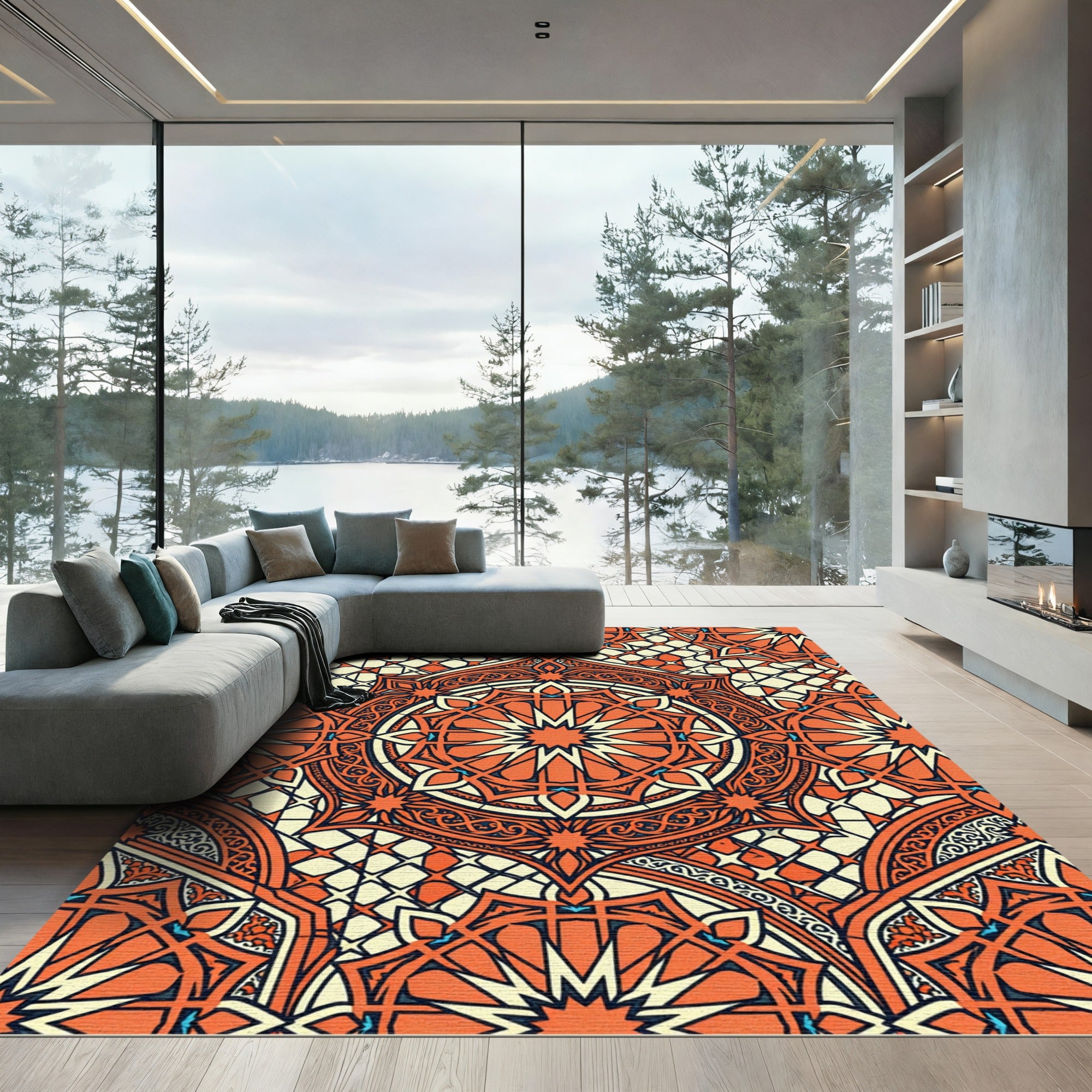 Burnt Orange Geometric Radial Medallion Rug