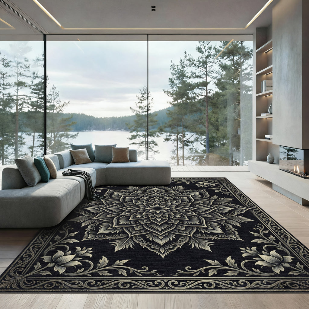 Intricate Black Golden Floral Mandala Rug