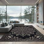 Intricate Black Golden Floral Mandala Rug