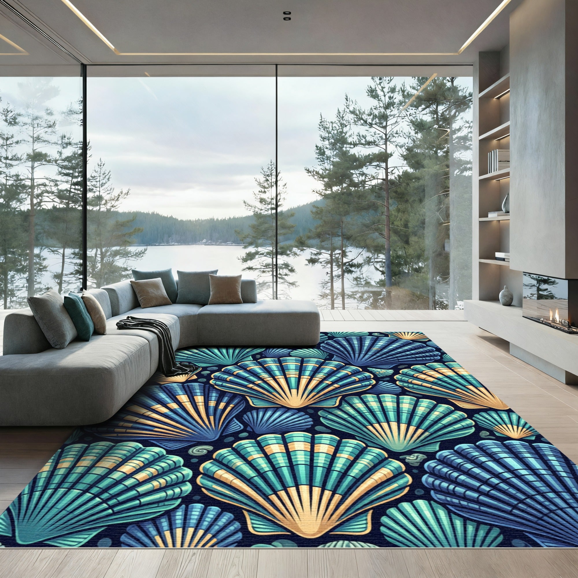 Oceanic Teal Gold Seashell Collage Rug